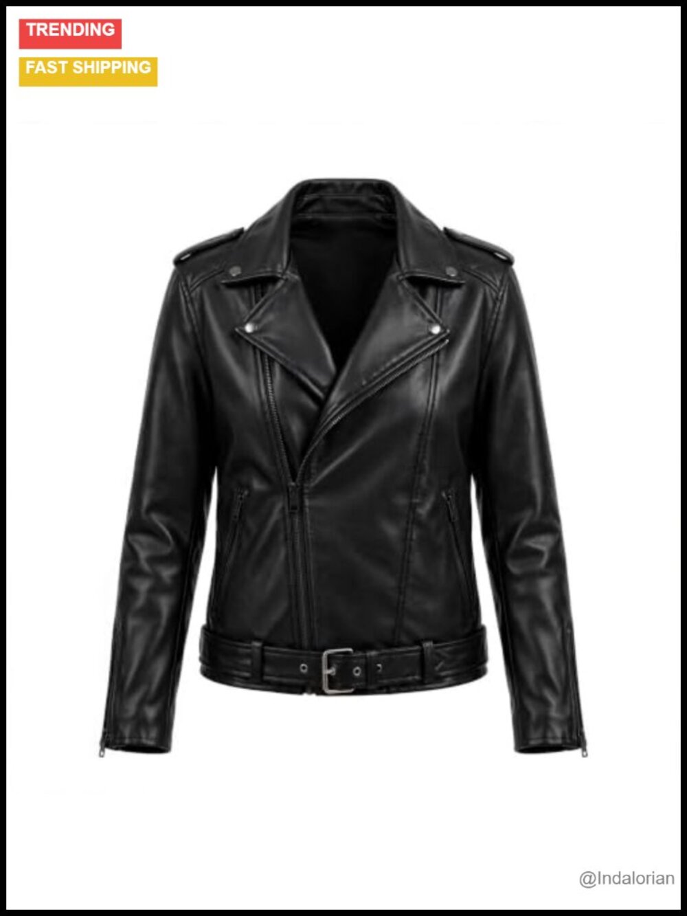 Moto Biker Jacket Faux Leather Belted Cropped Zip Front Women's